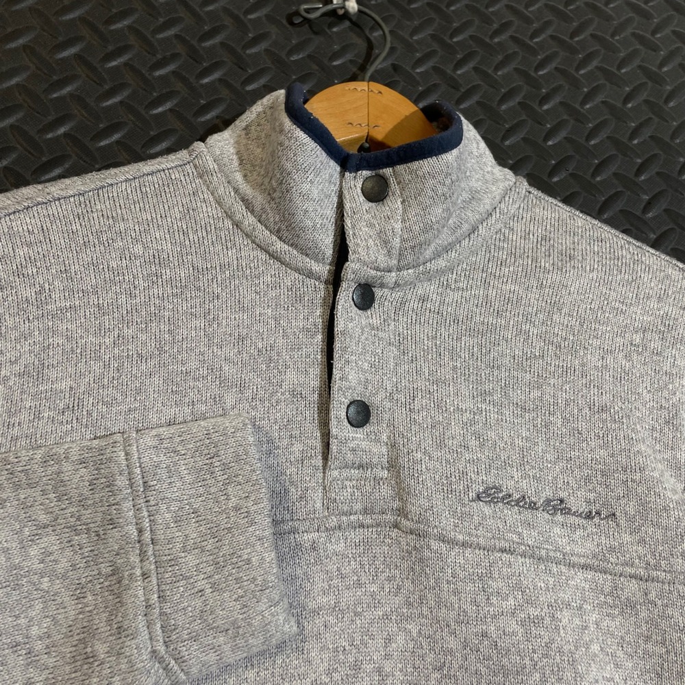 Eddie Bauer Light Gray Pullover 1/4 Button Snap Sweater‎ Men's Size Medium